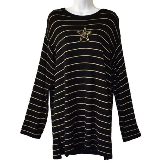 ST JOHN SPORT BY MARIE GRAY Black Gold Striped Starfish Embroidered Sweater Sz P - Picture 2 of 6